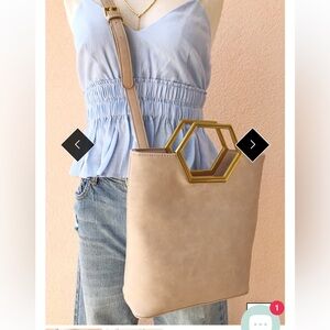 Elegant Beige Handbag with Gold Accents